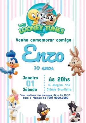 Convite de Aniversário Baby Looney Tunes Colorido para Editar