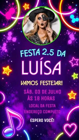 Convite de Aniversário Neon com Foto para Editar Online