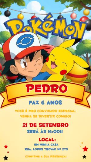 Convite de Aniversário Pokémon Editável com Ash e Pikachu