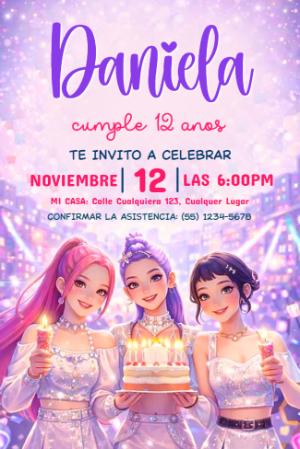 Invitación de Cumpleaños Las Guerreras K-Pop para Editar