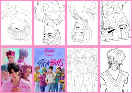 Livrinho de Colorir Aniversário Saja Boys K-Pop Modelo Editável