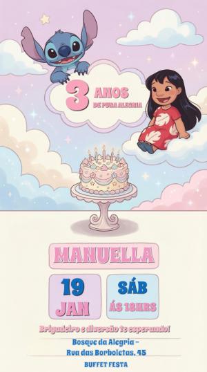 Convite de Aniversário Lilo e Stitch Fofo para Editar Online