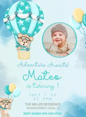 Editable Teddy Bear Hot Air Balloon 1st Birthday Invitation