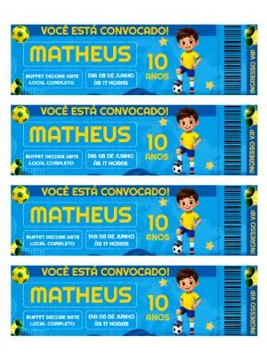 Convite Ingresso Futebol para Aniversário Infantil Editável