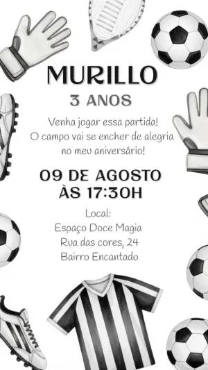 Convite de Aniversário Futebol Preto e Branco para Editar Online