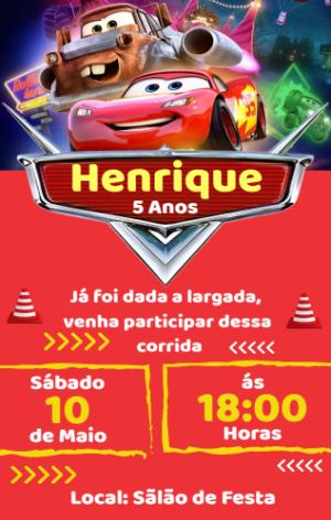 Convite Aniversário Carros com Relâmpago McQueen para Editar