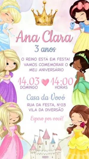 Convite Digital Aniversário Princesas da Disney Cute Modelo Editável