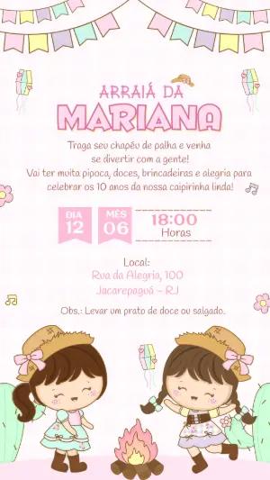 Convite de Festa Junina Infantil Meninas Caipirinhas Editável