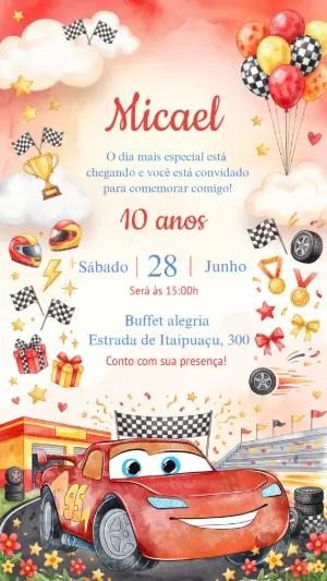 Convite Aniversário Carros  Aquarela Editável