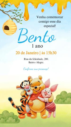 Convite Animado de Aniversário Ursinho Pooh Aquarela