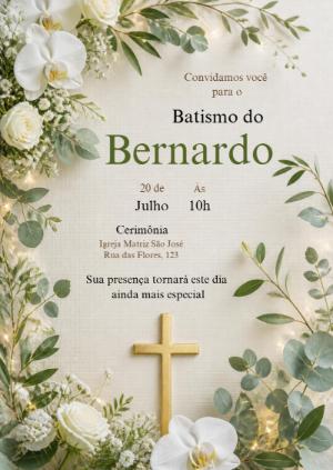 Convite de Batismo Elegante Floral para Editar