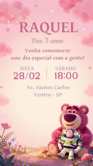 Convite de Aniversário Lotso Toy Story Rosa para Editar