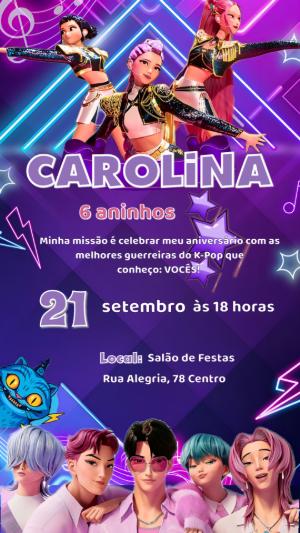 Convite de Aniversário Guerreiras K-Pop Neon Editável
