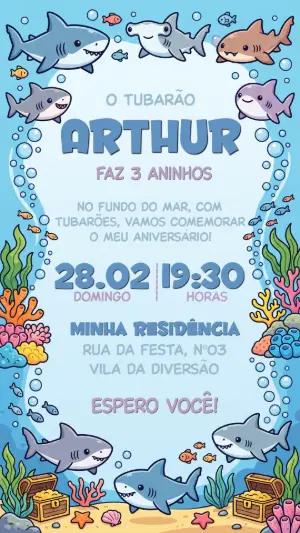 Convite de Aniversário Tubarão Fofo Editável para Festa Infantil