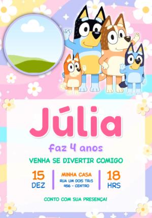 Convite Digital Aniversário Bluey com Foto Modelo para Editar