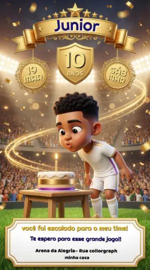 Convite de Aniversário Futebol 3D Dourado para Menino Editável