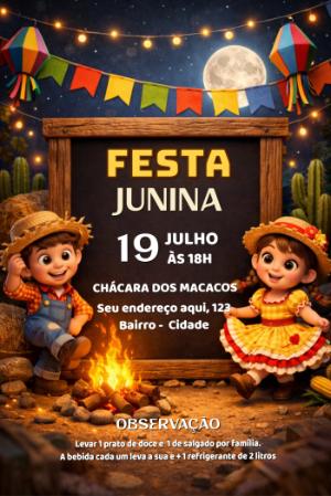 Convite de Festa Junina Infantil 3D Fofo para Editar
