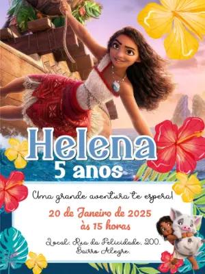 Convite de Aniversário Moana para Editar Online e Imprimir