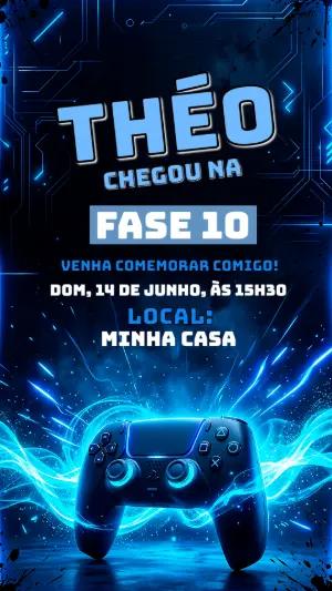 Convite de Aniversário Gamer Neon Azul para Editar
