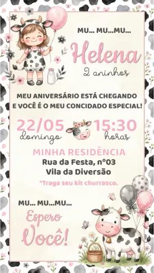 Convite de Aniversário Vaquinha Aquarela para Editar