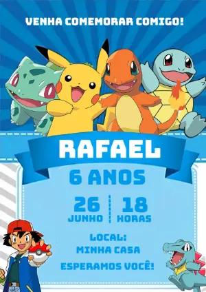 Convite de Aniversário Pokémon com Personagens para Editar Online