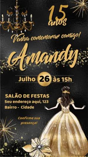 Convite 15 Anos Princesa Dourado e Preto para Editar Online