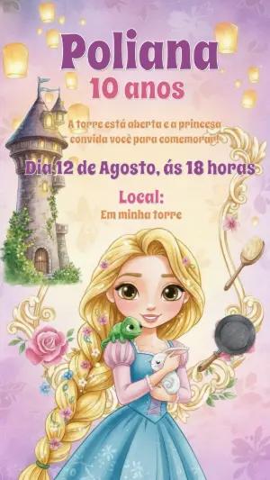 Convite de Aniversário Rapunzel Enrolados Modelo Digital para Editar