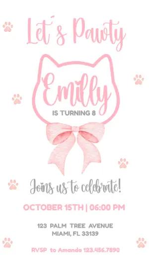 Pink Cat 'Pawty' Birthday Invitation Editable Template
