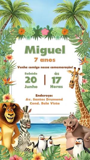 Convite Aniversário Madagascar com Personagens para Editar