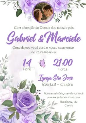 Convite de Casamento Floral Lilás com Foto para Editar
