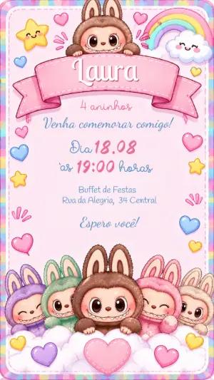 Convite de Aniversário Labubu Rosa para Menina | Modelo Editável