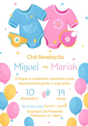 Convite Chá Revelação Rosa e Azul com Roupinhas para Editar