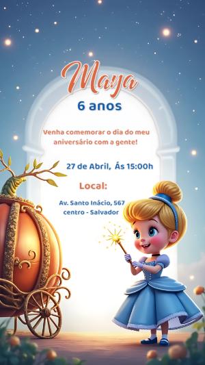 Convite Aniversário Cinderela Princesa para Editar Online
