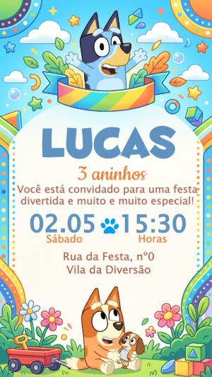 Convite de Aniversário Bluey Colorido para Editar