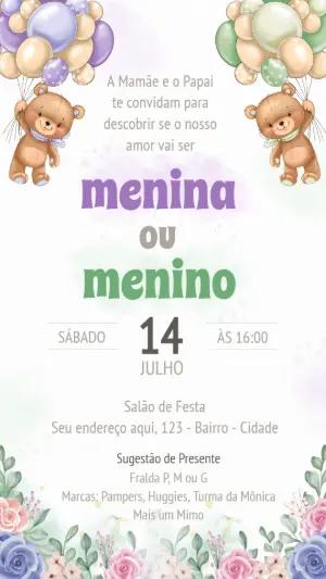 Convite Chá Revelação Ursinhos com Balões para Editar Online