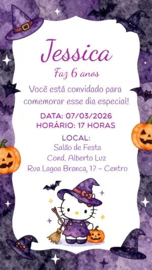 Convite Editável Aniversário Infantil Hello Kitty Halloween Roxo