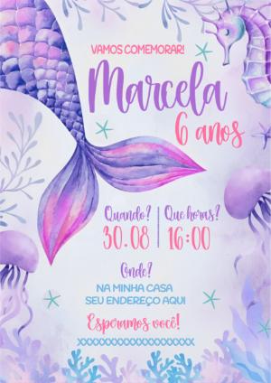 Convite de Aniversário Sereia Fundo do Mar para Editar Online