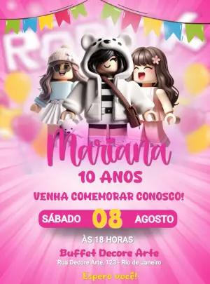 Convite de Aniversário Roblox Rosa para Editar Online