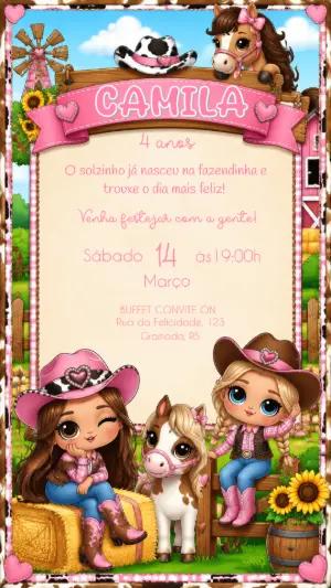 Convite de Aniversário Fazendinha Rosa Editável para Menina