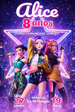 Convite de Aniversário Guerreiras do K-pop Editável para Meninas