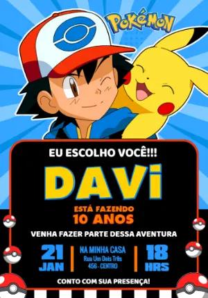 Convite de Aniversário Pokémon com Ash e Pikachu para Editar