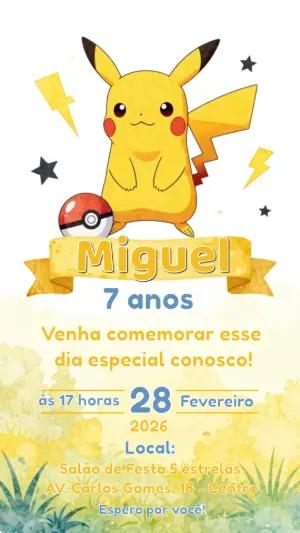 Convite de Aniversário Infantil Pokémon com Pikachu Editável