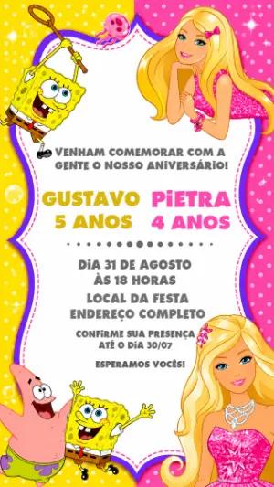 Convite Duplo Aniversário Bob Esponja e Barbie Editável