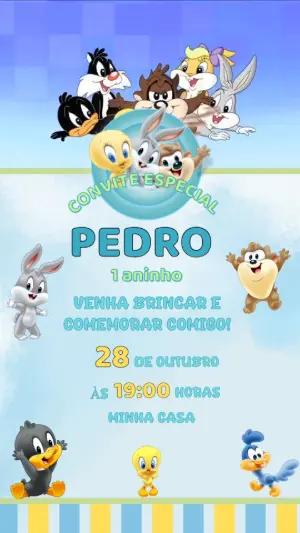 Convite Animado Aniversário Baby Looney Tunes para Editar