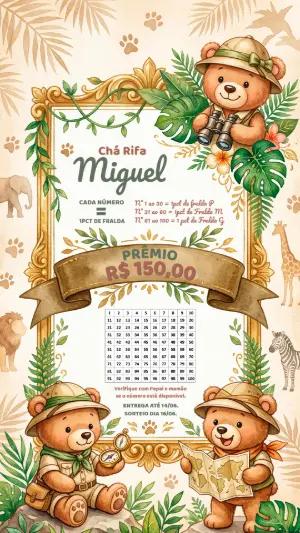 Chá Rifa Safari Ursinho Editável para Chá de Fraldas