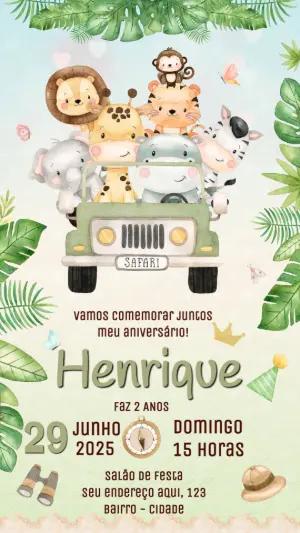 Convite de Aniversário Safari com Animais para Editar Online