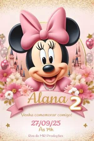 Convite de Aniversário Minnie Rosa e Dourado para Editar