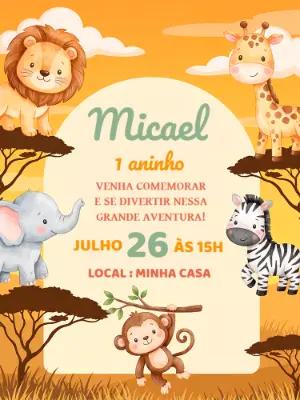 Convite de Aniversário Safari Baby Fofo para Editar Online