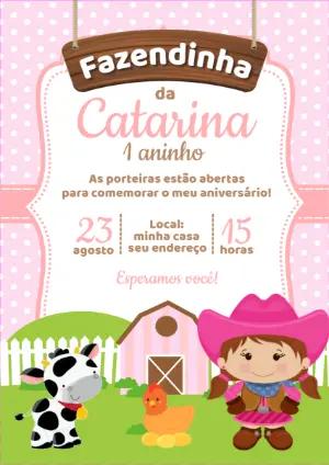 Convite Aniversário Fazendinha Menina para Editar Online