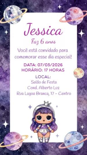 Convite de Aniversário Galáxia com Boneca Astronauta Editável